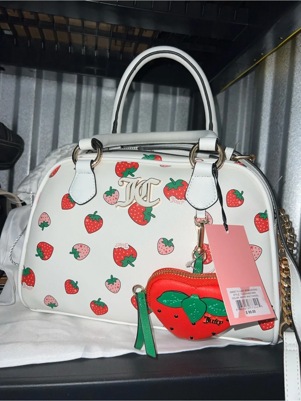 Juicy Couture White Strawberry Print Satchel with Red Charm